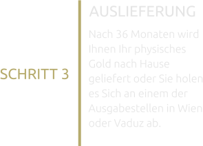 AUSLIEFERUNG Nach 36 Monaten wird Ihnen Ihr physisches Gold nach Hause geliefert oder Sie holen es Sich an einem der Ausgabestellen in Wien oder Vaduz ab. SCHRITT 3
